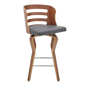 Verne 26 in. Gray Swivel Faux Leather and Walnut Wood Bar Stool