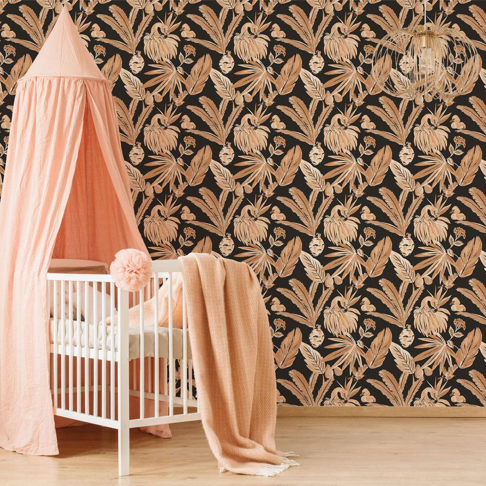 Black and Beige Tropical Flamingo Peel and Stick Wallpaper Roll