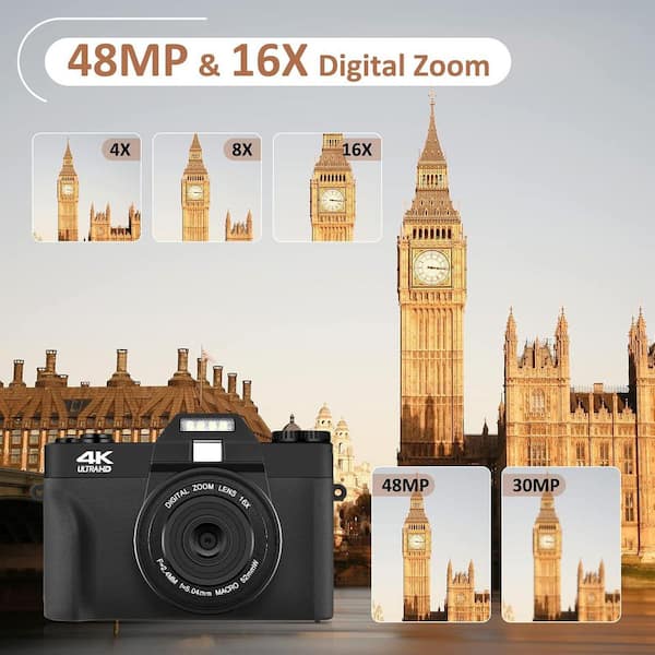 Yichuhaoxi 4K Vlogging Camera with WiFi, 48MP, 16X Zoom, 180° Flip