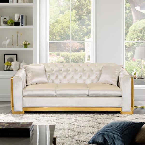 Modern 80 in. W Slope Arm Polyester Upholstered Rectangle Sofa with Metal Legs 3 Seater Couch with 2 Pillows, White