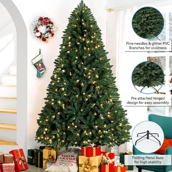 HOMESTOCK 4.5 ft. Spruce Prelit Artificial Christmas Tree with Foot Pedal, 674 Branch Tips, 250 Warm Lights and Metal Stand