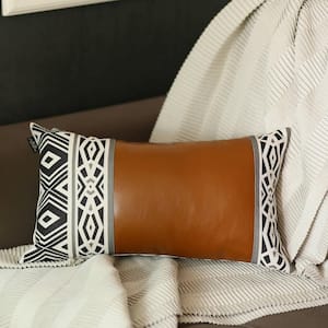 Bohemian Handmade Vegan Faux Leather Brown 12 in. x 20 in. Lumbar Abstract Geometric Throw Pillow