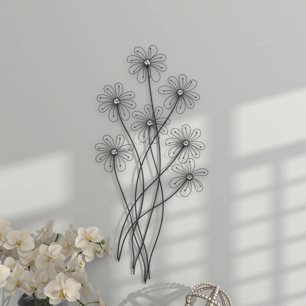 Black Metal 3D Wire Floral Wall Sculpture with Crystal Embellishments