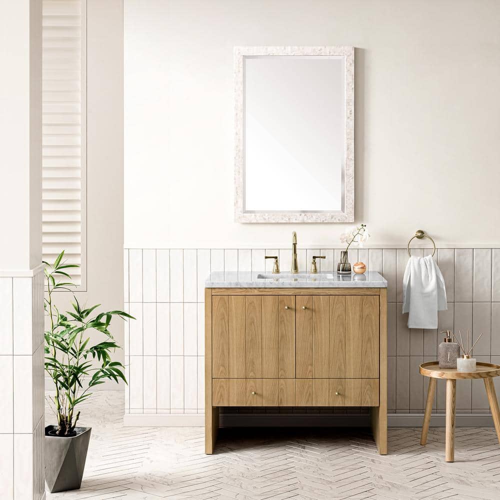 Hudson 36" Light Natural Oak Single Vanity Base with Brass Knobs