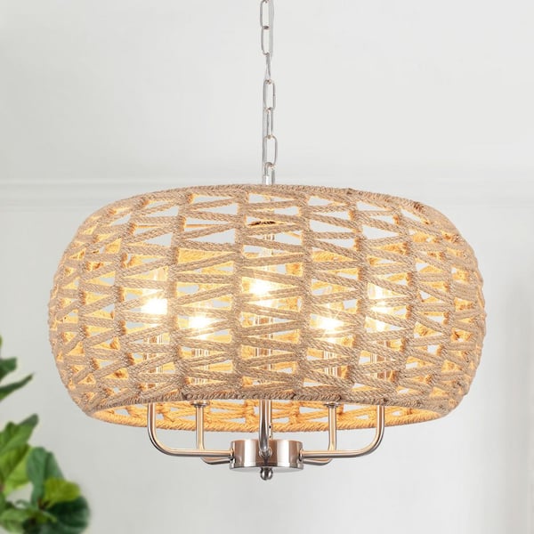 18.97 in. 5-Light Sand Nickel and Brown Bohemian Drum Candle Chandelier with Straw Hand Woven Shade