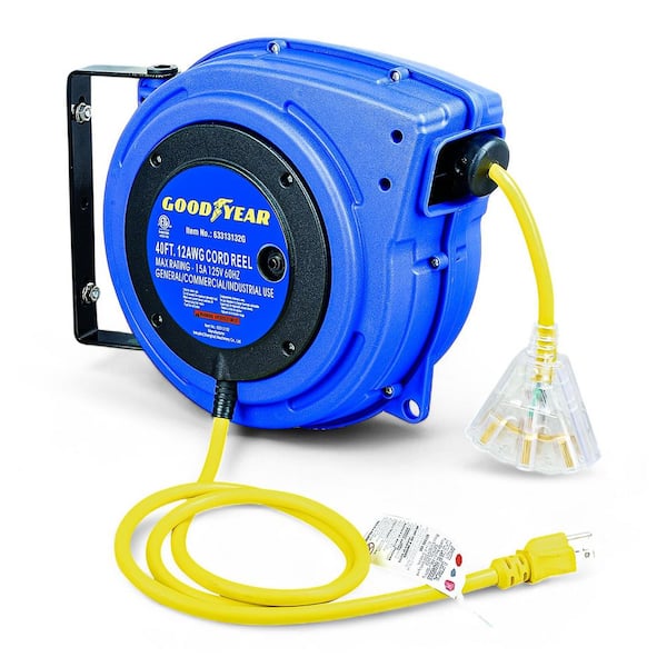 40 ft. 14/3 13 Amp Retractable Extension Cord Reel with 3-Grounded Outlets and Tri-Tap End