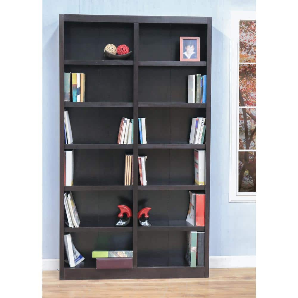 Espresso Finish Solid Wood Double Wide 12-Shelf Adjustable Bookcase