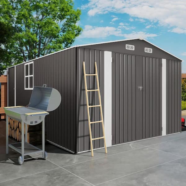 10 ft. W x 14 ft. D Metal Shed with 3-Lockable Doors and Clear Window, Durable Garden Sheds in Grey (138 sq. ft. )