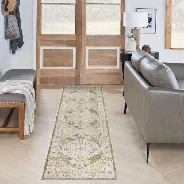 Astra Machine Washable Ivory Green 2 ft. x 8 ft. Center medallion Traditional Runner Area Rug