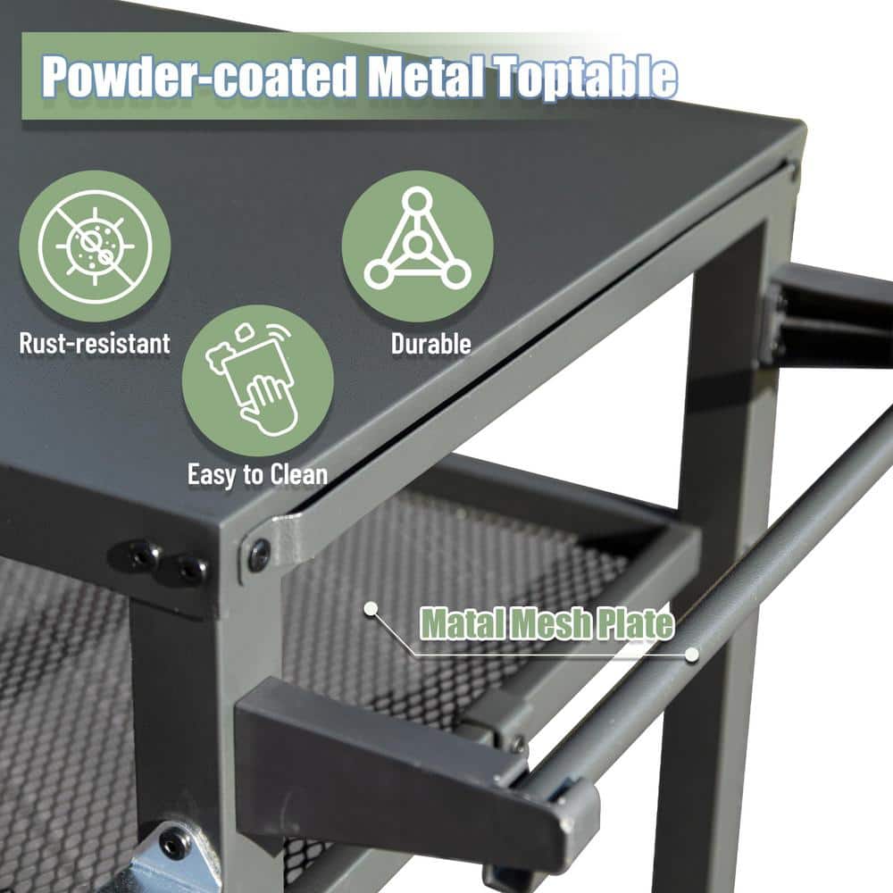 Gray Stainless Steel 3-Shelf Outdoor Grill Cart with Wheels