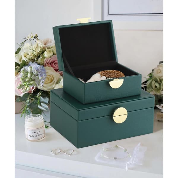 Vegan Leather Jewelry Box Set of 2-Green Decorative Organizer with