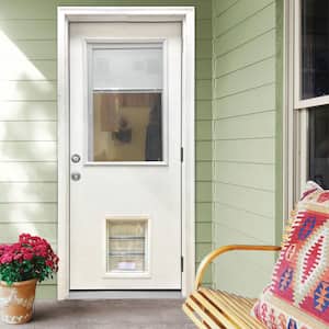 32 in. x 80 in. Reliant Series Clear Mini-Blind LHOS White Primed Fiberglass Prehung Back Door with Large Pet Door