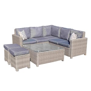 Brielle Gray 5-Piece Wicker Square 17 in. Patio Conversation with Gray Cushions