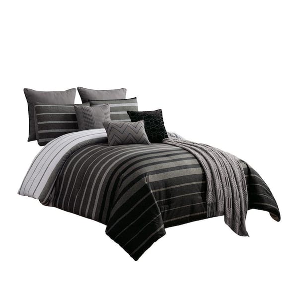 Benjara 10- Piece Black and Gray Striped Polyester Queen Comforter Set