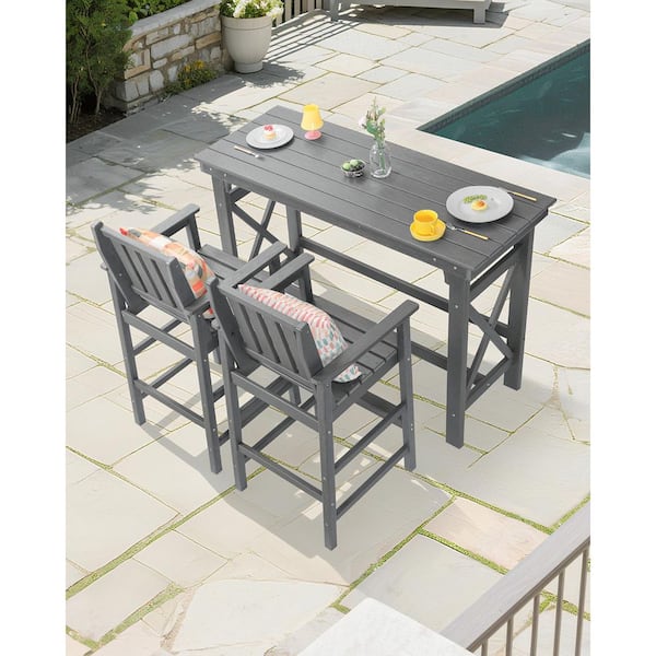 3-Piece Gray HDPE Plastic Outdoor Bar Set with Rectangular Bar Table
