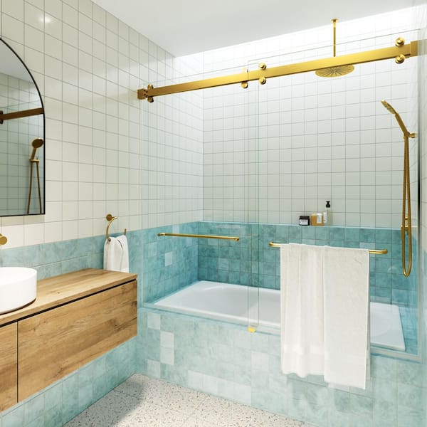 Glass Warehouse Polaris 60 in. W x 66 in. H Sliding Frameless Bathtub Door with Square Hardware in Satin Brass with Clear Glass
