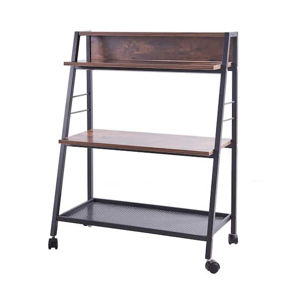 sumyeg 35 in. H Brown Wood 3-Shelf Classic Bookcase with Wheels Ladder Bookcase with Open Back