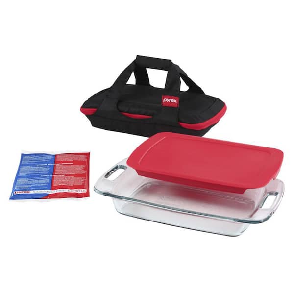 Pyrex 3 Qt. 2.85 L 3 Piece Easy Grab with Red Plastic Cover and Black Portablebag Set
