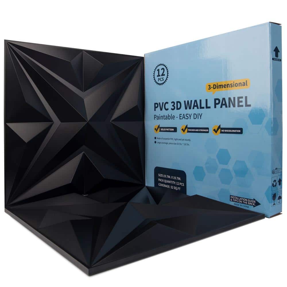 Art3d Diamond Design 19.7 in. x 19.7 in. PVC 3D Seamless Wall Panel in Black for Interior Decoration (12-Panels)