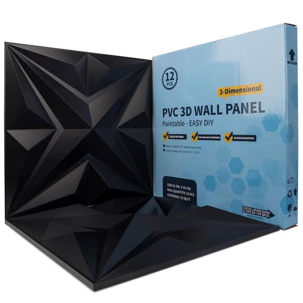 Art3dwallpanels 19.7 in. x 19.7 in. 32 sq. ft. Black PVC 3D Wall Panel Star Textured for Interior Wall Decor (Pack of 12-Tiles)