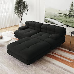 Vintage 73 in. Square Arm 3-Piece Velvet Curved Soriana Sectional Sofa with Ottoman in Black