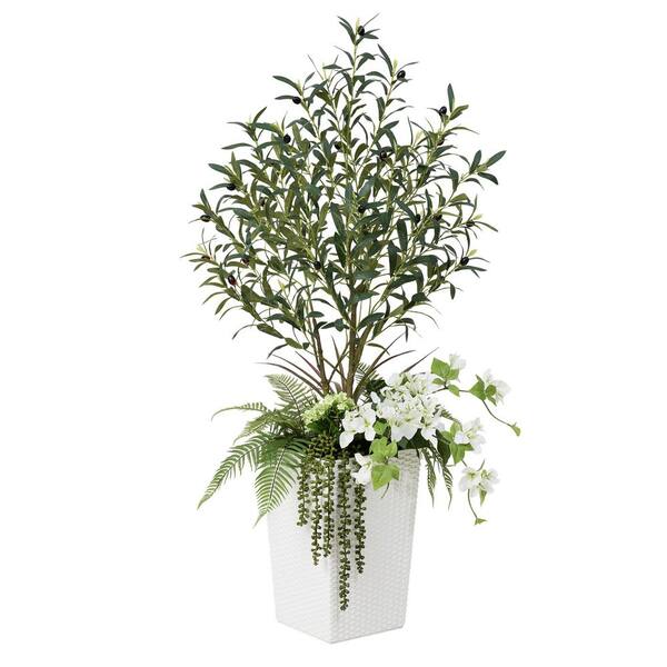DR.Planzen 4 ft. Faux Olive Trees with White Planter UV Resistant Fake Plant for Indoor Outdoor Home Office Living Room Decor