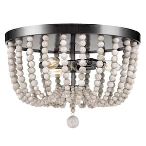 Serena 15 in. 3-Light Silver Grey Flush Mount with Grey Wood Beads