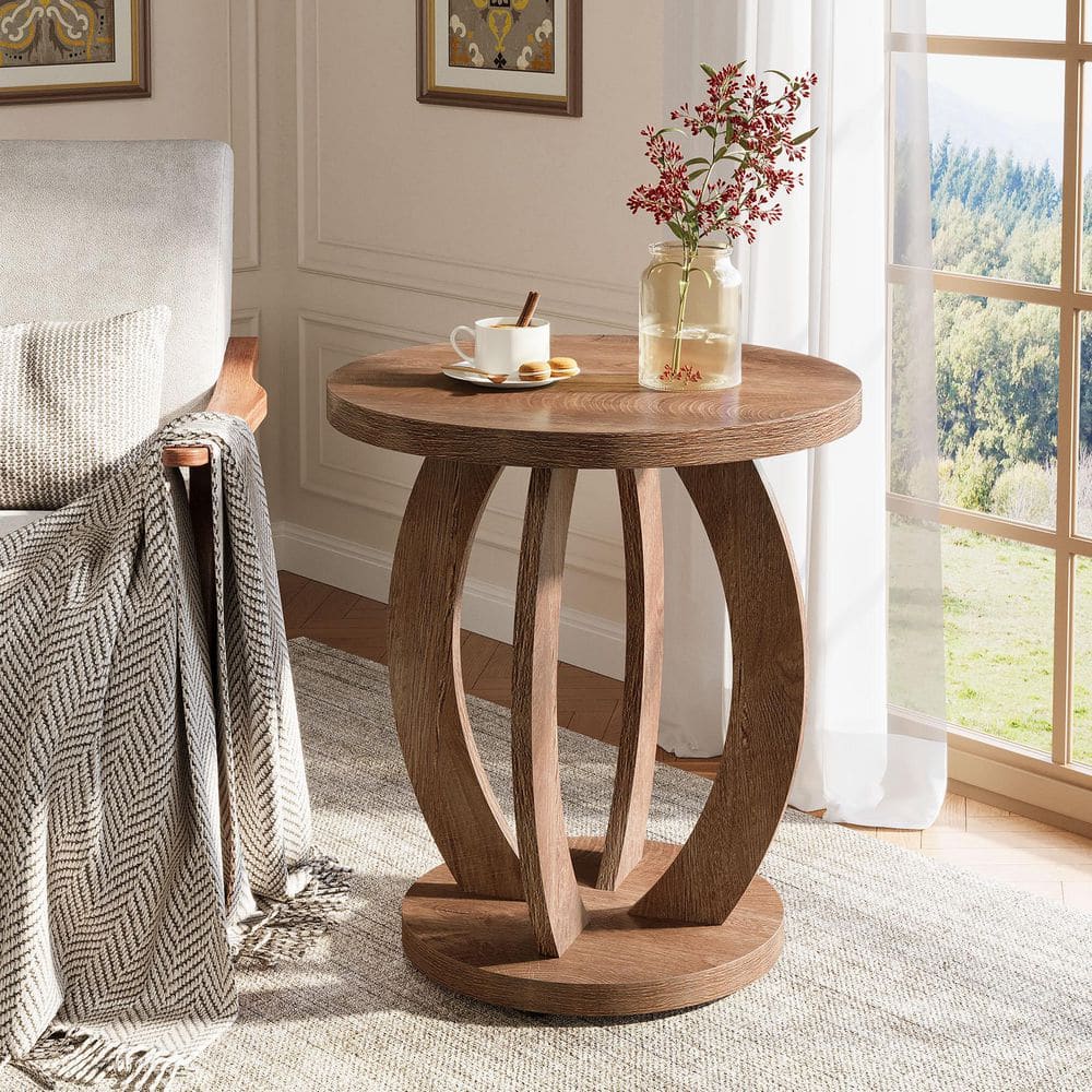 Kerlin 19.69 in. Brown Round Wood Farmhouse End Table End Side Table Sofa Side Table Nightstand with 4 Curved Table Legs
