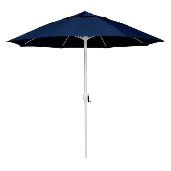 California Umbrella 9 ft. Matted White Aluminum Market Patio Umbrella Fiberglass Ribs and Auto Tilt in Captains Navy Pacifica Premium