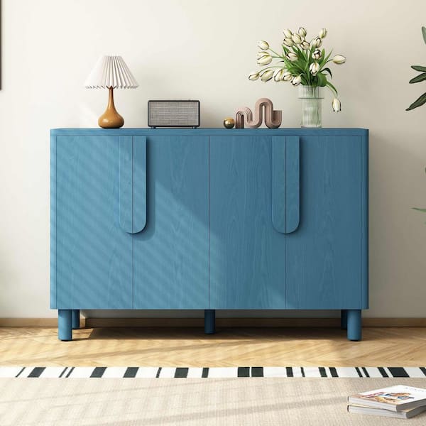 Navy Solid Wood Buffet Cabinet with Unique Arc Handles and Adjustable Shelves