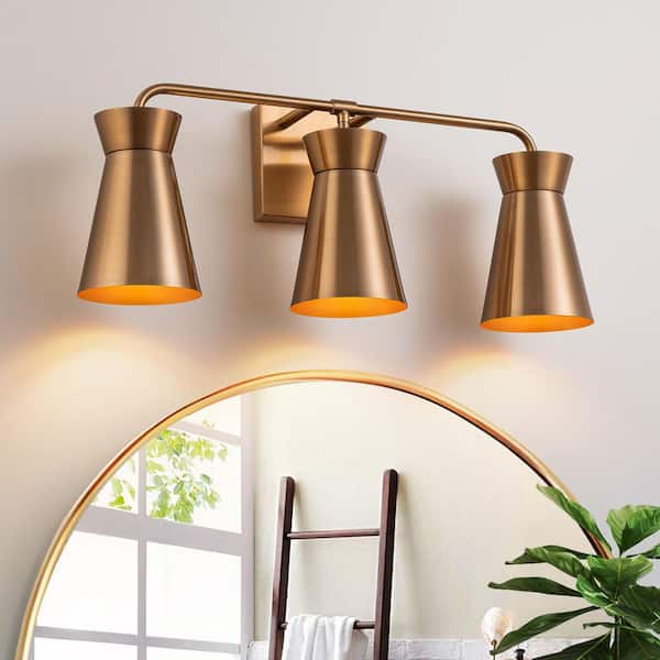 21.65 in. 3-Light Brass Dimmable Bathroom Wall Sconce over Mirror Vanity Light with Cone Metal Shades