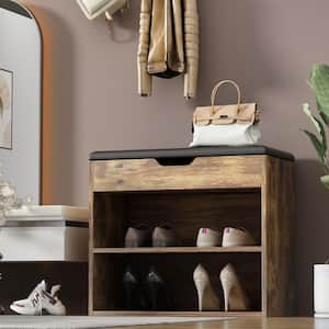 21.2 in. H x 24 in. W 6-Pair Shoes Brown Wood Shoe Storage Bench with Hidden Storage Compartment