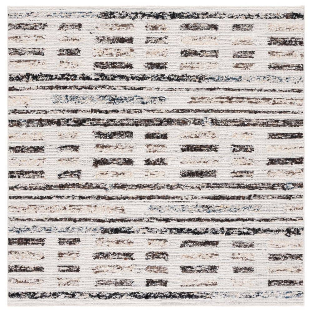 Ivory and Dark Brown Hand-Knotted Wool Shag Rug, 6' x 6'
