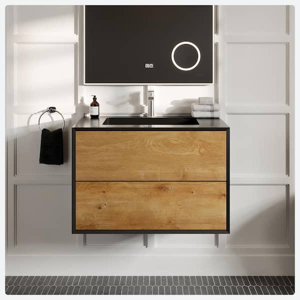 Vienna 35.25 in. W x 20.5 in. D Single Sink Floating White Oak Bath Vanity with Black Acrylic Top (Assembled)