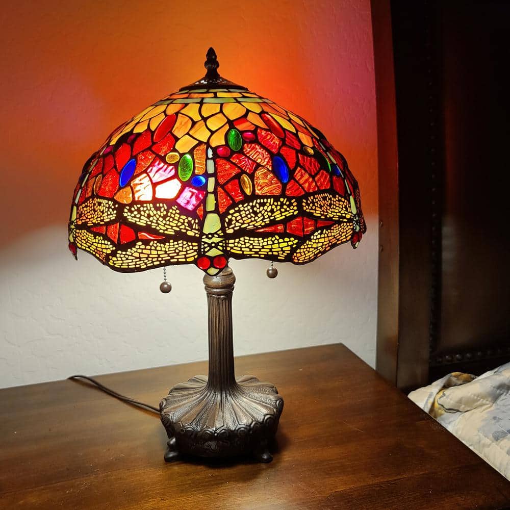 Elegant Bronze Dragonfly 14" Stained Glass Table Lamp