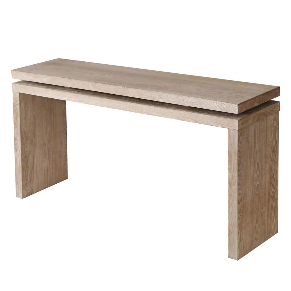 60 in. Antique Natural,White Washed Rectangle Solid Wood & MDF Console Table with Double Board Suspension Design