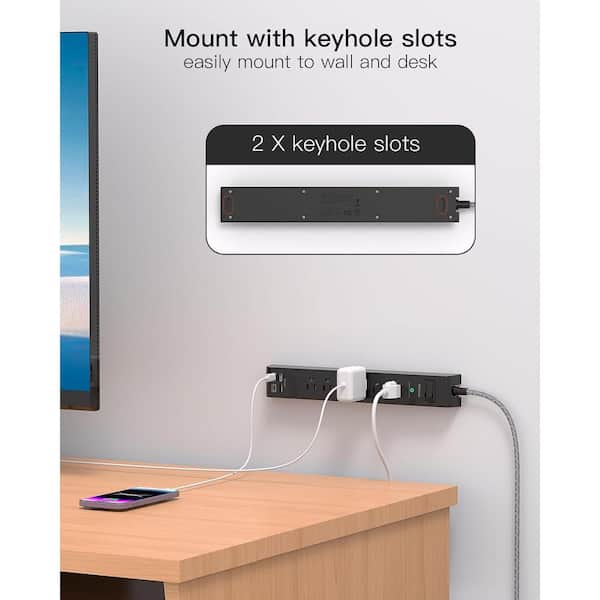 EKIEUDL - 6-Outlet Power Strip Surge Protector with 4 USB Port 5 ft. Extension Cord, Wall Mount in Black