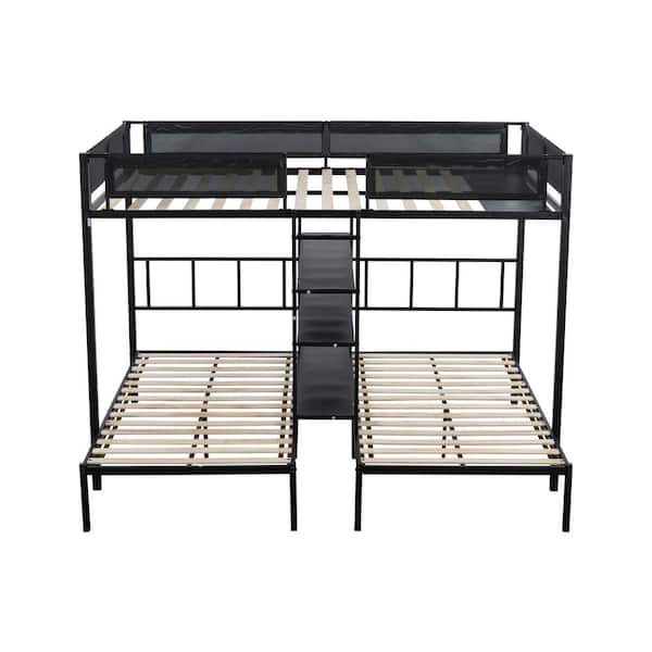 Polibi Black Metal Full Over Twin Beds with Shelves, Sturdy Metal Frame, Built-in 3-Tier Shelves, No Box Spring Needed