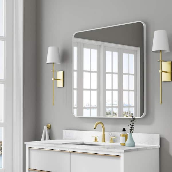 ANGELES HOME 36 in. W x 36 in. H Rectangular Aluminum Framed Wall-Mounted Bathroom Vanity Mirror in White