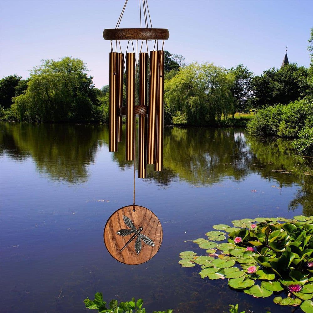 Teak and Copper Dragonfly Wind Chime for Outdoor Decor
