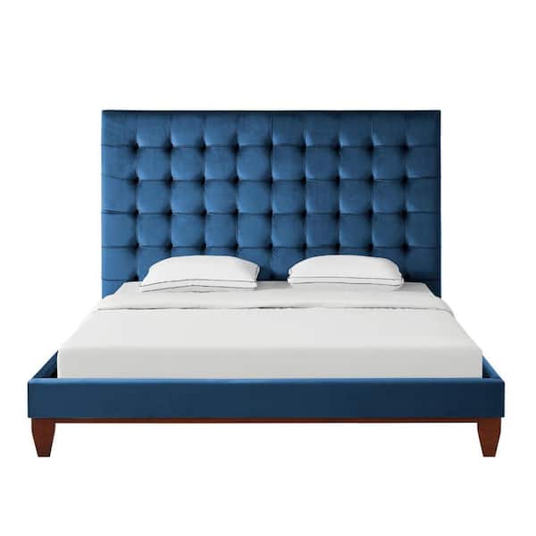 HomeRoots Blue Wood Frame King Panel Bed with Tufted; Upholstered