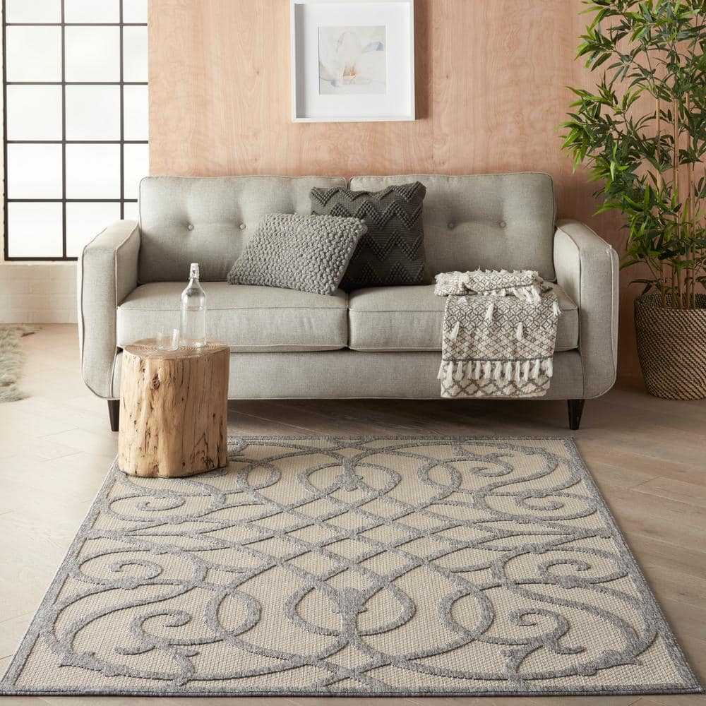 Palamos Cream Grey Geometric Synthetic 6' x 9' Indoor/Outdoor Rug