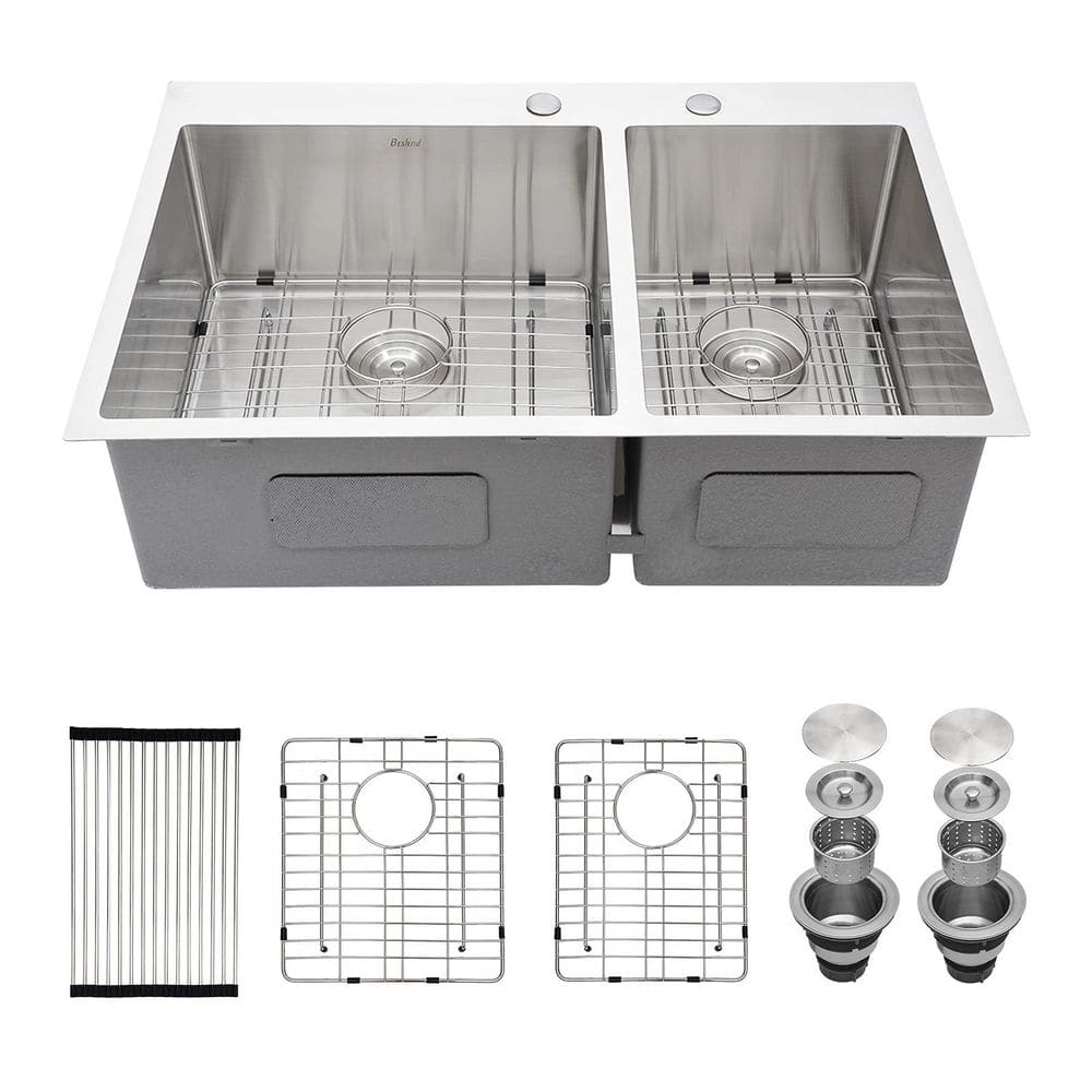 33 in. Drop-in Double Bowl 16-Gauge Silver Stainless Steel Kitchen Sink 60/