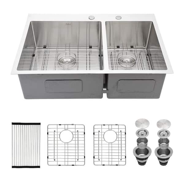 33 in. Drop-in Double Bowl 16-Gauge Silver Stainless Steel Kitchen Sink 60/40 Ready to Assemble