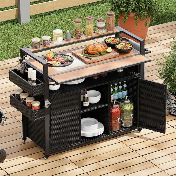 Runesay Retro Black Wood Outdoor Kitchen Island Grill