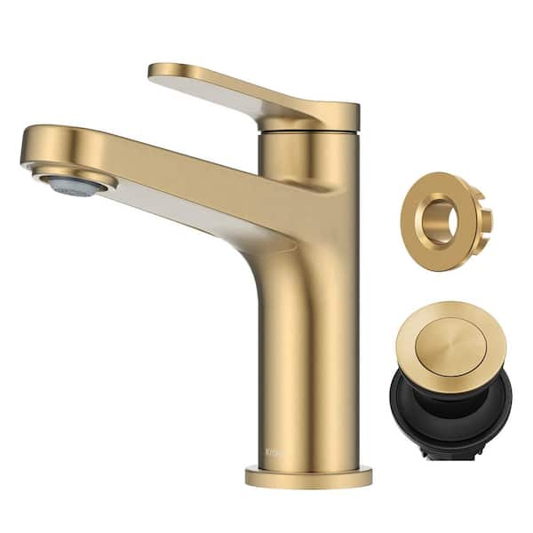 Indy Single Handle Bathroom Faucet in Spot-Free Brushed Brass with Pop Up Drain and Supply Lines