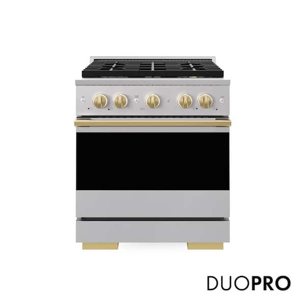 Autograph 30 in. 4.2 cu. ft. Marino Gas Range with 4 Burner DuoPro Cooktop and Gas Oven in Stainless with Polished Gold