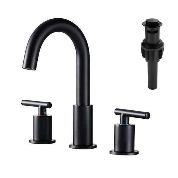 ALEASHA 8 in. Widespread Double-Handle High Arc Bathroom Faucet with Drain Kit Included in Matte Black