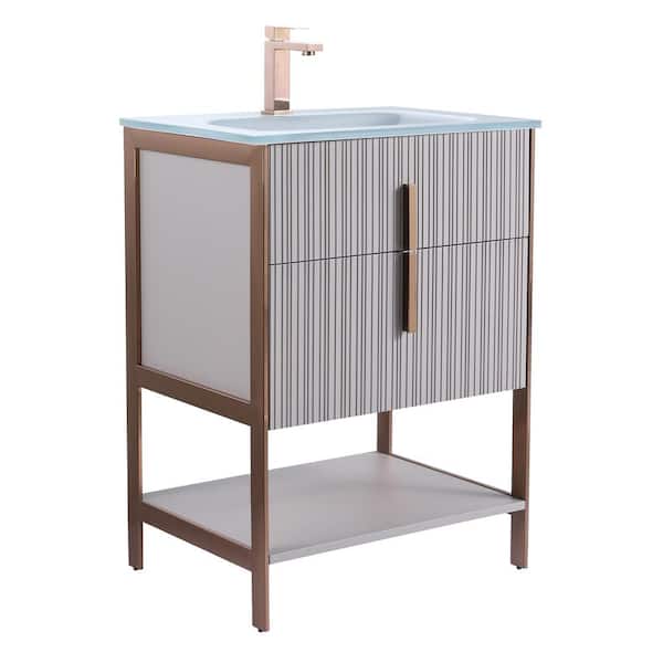 FINE FIXTURES 24 in. W x 18 in. D x 33.5 in. H Bath Vanity in Bright Taupe with Glass Single Hole Top with Rose Gold Hardware