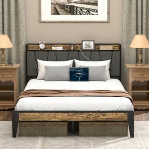 Rustic Brown Frame Queen Size Platform Bed with Upholstered Headboard and Outlets and USB Charging Station